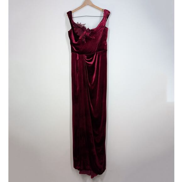 Marchesa Off The Shoulder Floral Appliqued Velvet Gown Burgundy Red Size 10 - Picture 4 of 16